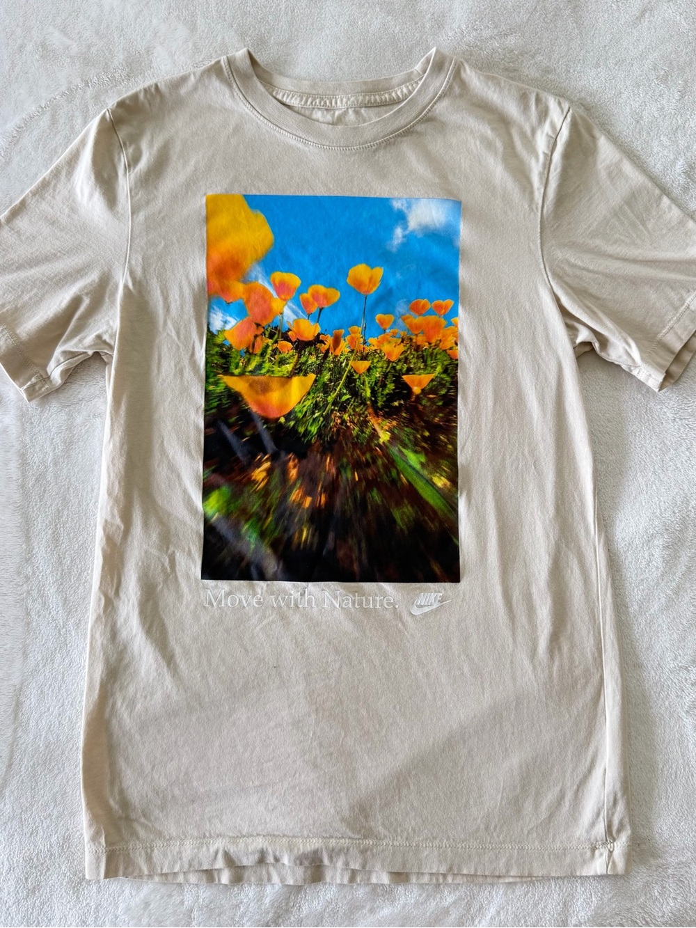 Nike Shirt Men Small Beige Move With Nature Floral Graphic Sportswear Cotton Tee